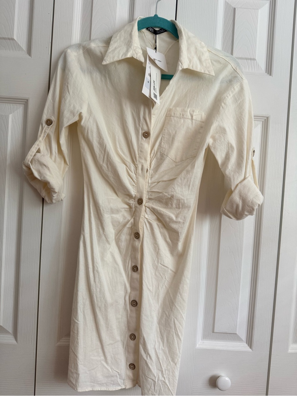 Zara- New with tags linen Women’s Cream Button-Front Shirt Dress